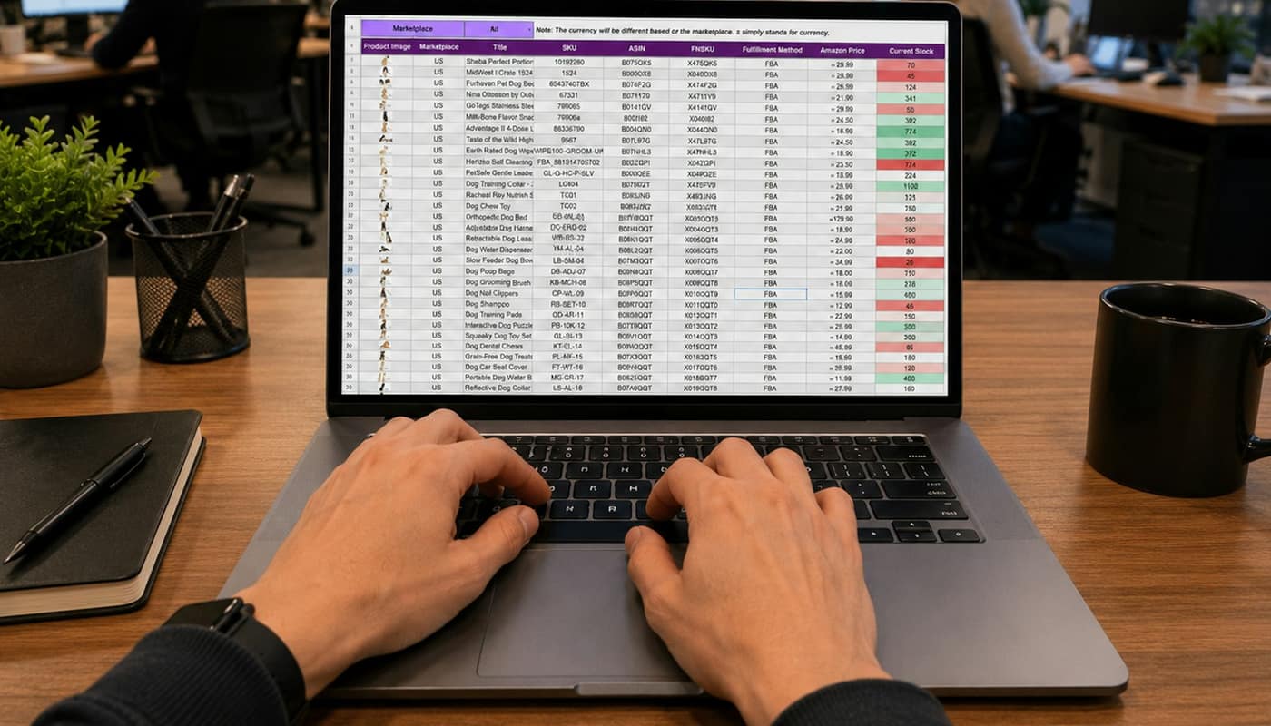 Hands typing on a laptop showing a spreadsheet of figures